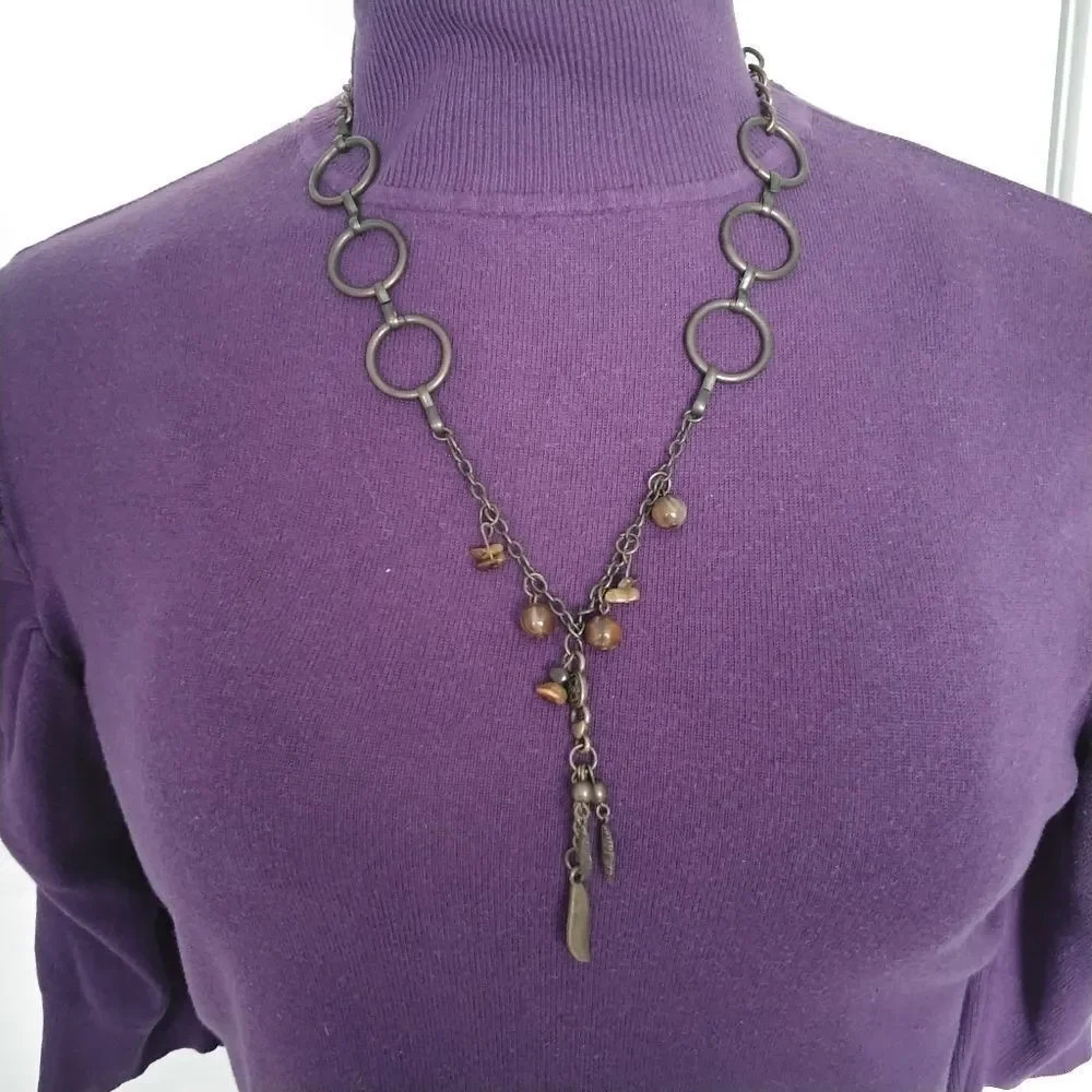 Brown Metallic Chain Glass Beads Necklace